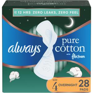 Always Pure Cotton Feminine Pads for Women, Size 4, with Wings, Unscented, 28 Count