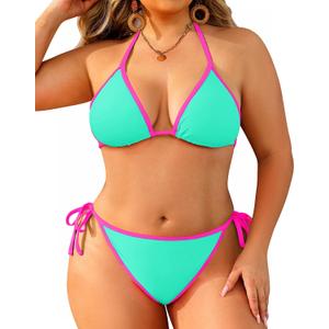 Tempt Me Women Aqua Plus Size Triangle Bikini Sets String Two Piece Halter Swimsuits with Tie Side Bottom, Size: 14 Plus