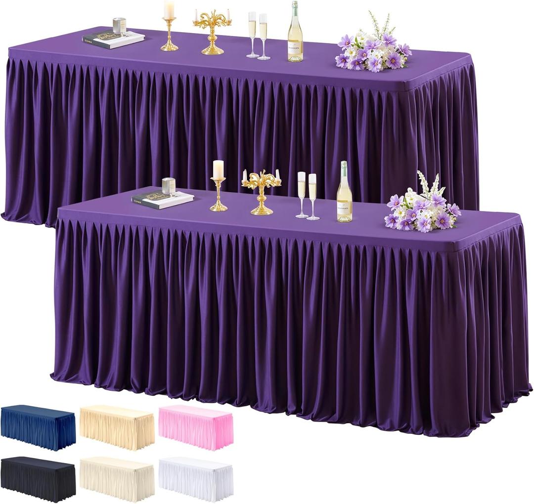 2 Pack Purple Tablecloths for Rectangle Tables 6ft, Wrinkle Resistant Spandex Table Cover Fitted Stretch Table Cloth with Pleated Ruffle Skirts for Party Banquet Dining Birthday Wedding