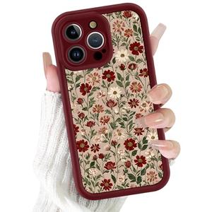 RUMDEY Retro Flower Floral Phone Case for iPhone 16 Pro Max 6.9", Cute Aesthetic Vintage Pattern Design Burgundy Wine Red Case Women Girly Cover Full Camera Lens Protective Shockproof Soft TPU Funda