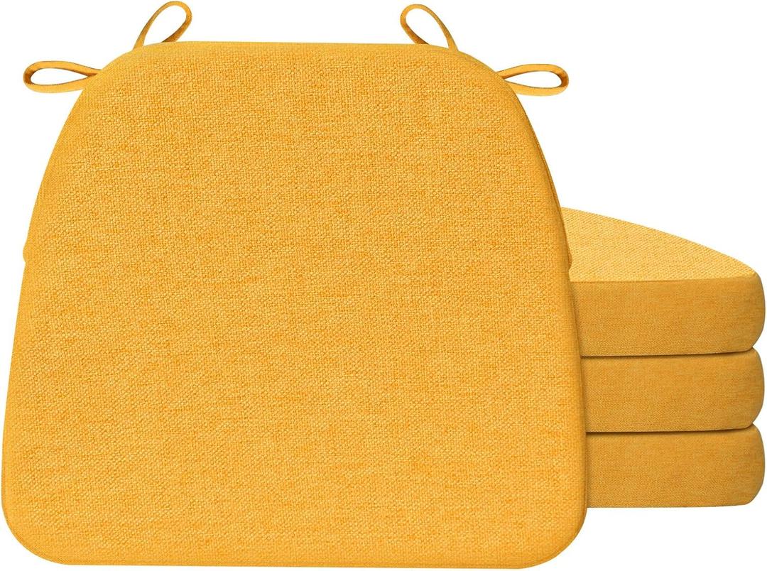 AAAAAcessories D-Shaped Chair Cushions, 2" Thick Dining Chair Pads with Ties and Removable, Machine-Washable Cover, 17" x 16", Set of 4, Golden Yellow
