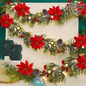 Juegoal 2 Pack Christmas Garland, 9' Pre-lit Artificial Xmas Flocked Garlands, Lighted Poinsettia Spruce Timer & Battery Operated with Lights, Garden Home Winter New Year decor, Geen, Red (YO-TTSZ-2)