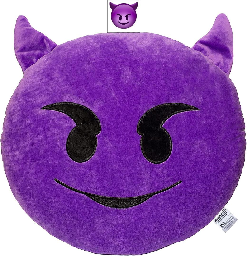 EvZ Emoji Devil Face Emoticon Cushion Stuffed Plush Soft Pillow, Official Certified, 32cm Purple