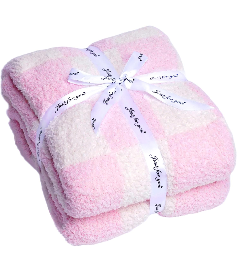 Fuzzy Checkered Throw Blanket Pink Reversible Throw Blankets Decorative Plaid Blanket - Super Soft Warm Cozy Microfiber Blanket for Chair, Sofa, Couch, Bed, Camping, Travel (51''x63'', Blush Pink)