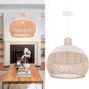 Arturesthome White Handwoven Rattan Boho Pendant Lighting Fixtures, Wicker Hanging Ceiling Light Chandelier, Handmade Woven Basket Lampshade for Kitchen Island, W 15.7" * H 13.7"