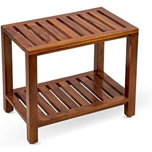 TeakCraft The Theia Teak Shower Bench, Fully Assembled Teak Wood Shower Stool for Elderly, Indoor, Outdoor Use Includes 21 Inch Shelf