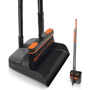 JEHONN Broom and Dustpan Set for Home, Long Handle Lightweight 180 Degree Rotating Broom Set Indoor, Upright Standing Dust Pan with Comb Teeth, Store Sweep Set for Room Kitchen Office Lobby (Orange and Black)