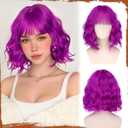 SOFEIYAN Short Wavy Purple Wig - 12 Inch Bob Wig with Bangs for Women Curly Shoulder Length Bob Wig with Bangs Soft Synthetic Hair Wigs for Girls Daily Costume Halloween Party Use