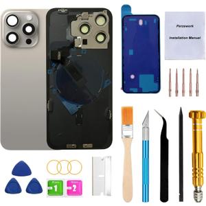 Rear Back Glass Replacement for iPhone 15 Pro Max 6.7-inches with Reparing Tool Kit and All Necessary Parts (Natural Titanium)