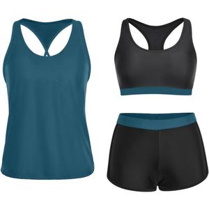 Yonique 3 Piece Athletic Tankini Swimsuits for Women with Shorts Swim Tank Tops with Sports Bra and Boyshorts Bathing Suits (Large, Black and Blue 01)