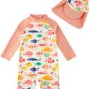 upandfast Baby/Toddler Swimsuit UPF 50+ Sun Protection One Piece Zipper Bathing Suit with Sun Hat Infant Beach Swimwear [Orange Fish, 12-18 Months]