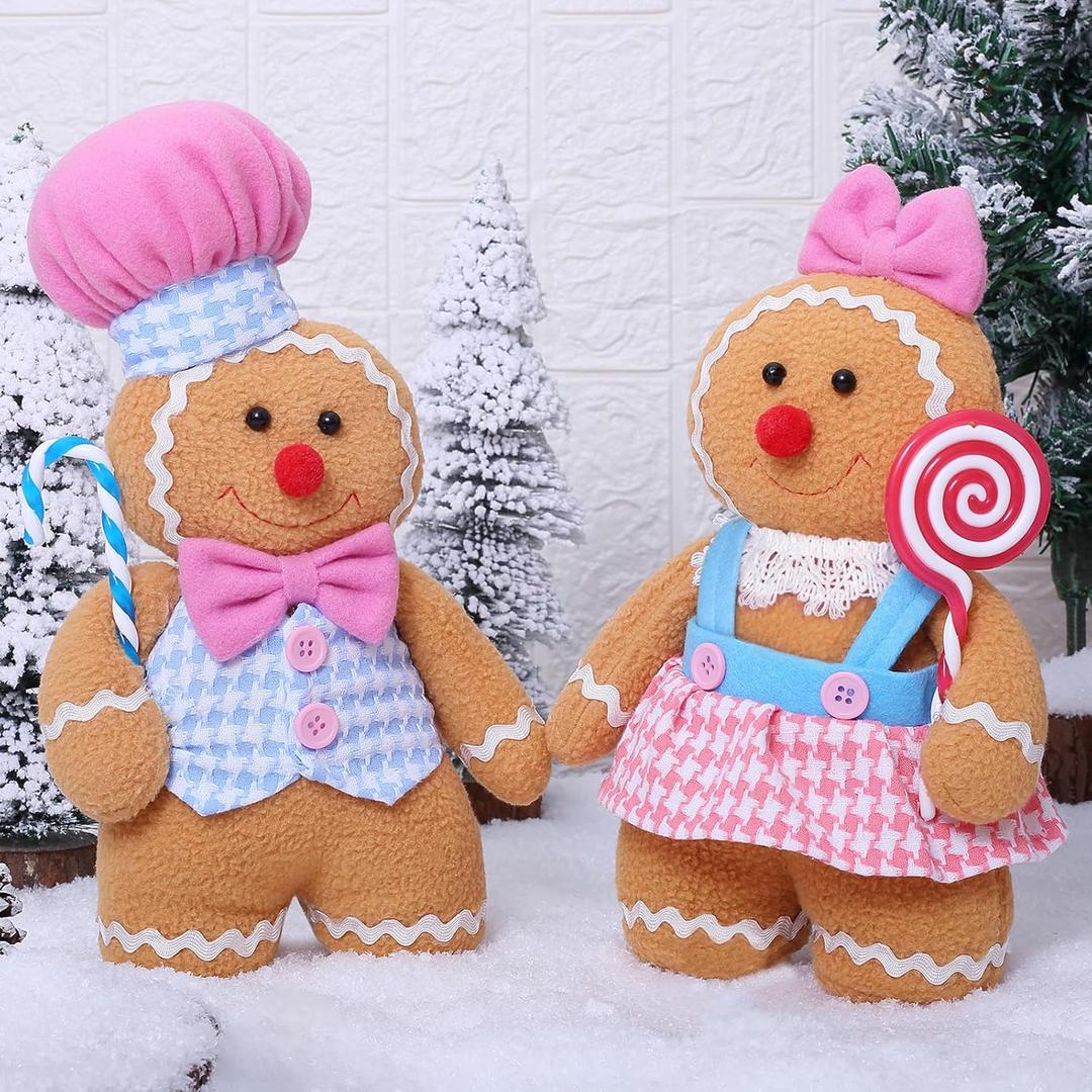 Christmas Decorations Indoor Gingerbread Plush Hold Candy Cane Home Decor Gifts 11.8inch Gingerbread Stuffed Animal Doll Tree Toppers Christmas Decorations (2PCS)