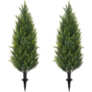 3FT Artificial Cedar Topiary Trees with Ground Spike, Set of 2 Faux Cypress Plants UV Resistant Artificial Pine Shrubs Fake Bushes for Outdoor Indoor Front Porch Garden (35 inch)
