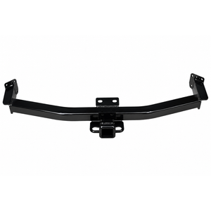 Heavy-duty black powder-coated steel trailer hitch receiver featuring a welded square cross tube, integrated safety chain loops. Designed for towing trailers and supporting hitch-mounted accessories such as bike racks and cargo carriers. Durable corrosion-resistant finish with robust welded construction for long-lasting performance.