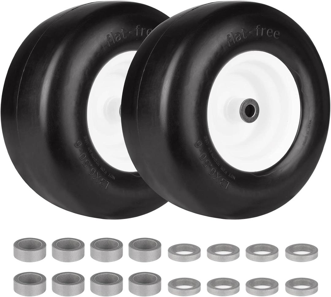 13x6.50-6 Flat-Free Heavy Duty Smooth Tires w/Steel Rim for Deck below 66" Commercial Grade Lawn Mowers- Ajustable Hub Length- 4"-7.1" with 5/8" Precision Ball Bushing (2-Pack)