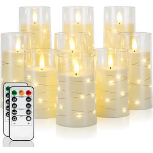 Homemory 9 Pcs Flameless Candles with Embedded Star String Fairy Lights, Battery Operated Candles, LED Candle, Fake Candles with Remote Control and Timer (Ivory)