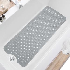 Bath Tub and Shower Mats, Non Slip 40 x 16 Inch Extra Large Bathtub Mat, Machine Washable Bathmat with Drain Holes, Suction Cups for Bathroom Floor, Gray