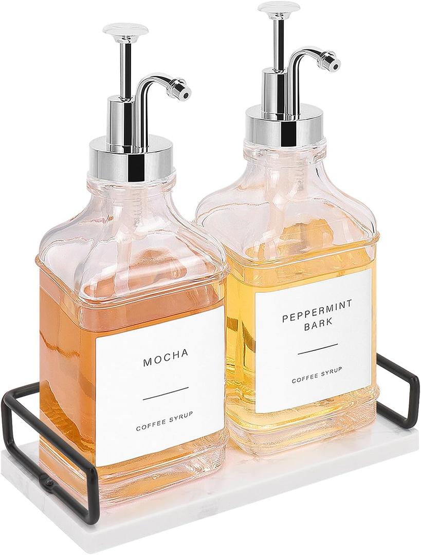Coffee Syrup Dispenser for Coffee Bar, Clear Glass Syrup Bottles with Pump, Refillable Maple Syrup Storage, Coffee Station Accessories and Organizer, 500ml, Set of 2 + Tray (Chrome Finish) Coffee Syrup Dispenser for Coffee Bar, Clear Glass Syrup Bottles with Pump, Refillable Maple Syrup Storage, Coffee Station Accessories and Organizer, 500ml, Set of 2 + Tray (Chrome Finish)