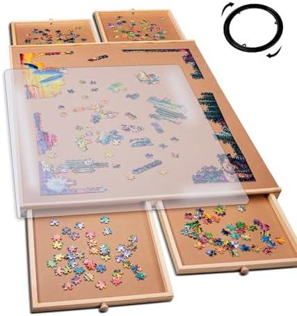 PlayVibe 1000 Piece Rotating Puzzle Board with Drawers and Cover - Jigsaw Puzzle Table with Cover & 4 Compartments - 22” x 30 Portable Wooden Lazy Susan and Spinning Accessory