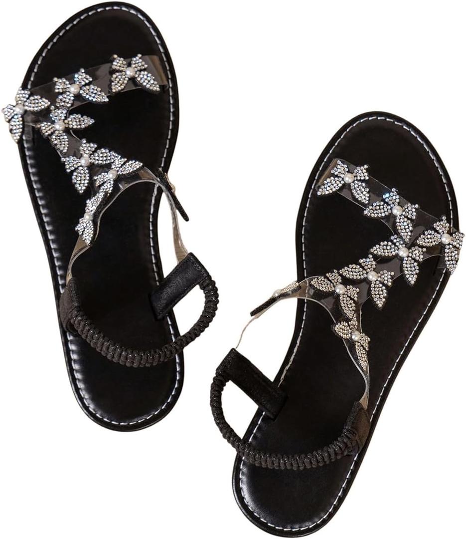 GORGLITTER Women's Butterfly Strappy Clear Glitter Ankle Sandals Dressy 2025 Cute Summer Wedding Bridal Flats Sandal (9, Black)