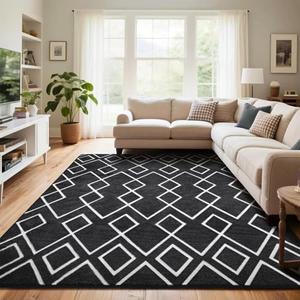 Rtizon Soft Area Rug for Bedroom, 5x7Ft Moroccan Rugs for Living Room, Geometric Non-Slip Carpet with Memory Foam for Boys Girls's Bedside Office Dorm Farmhouse, Black and White