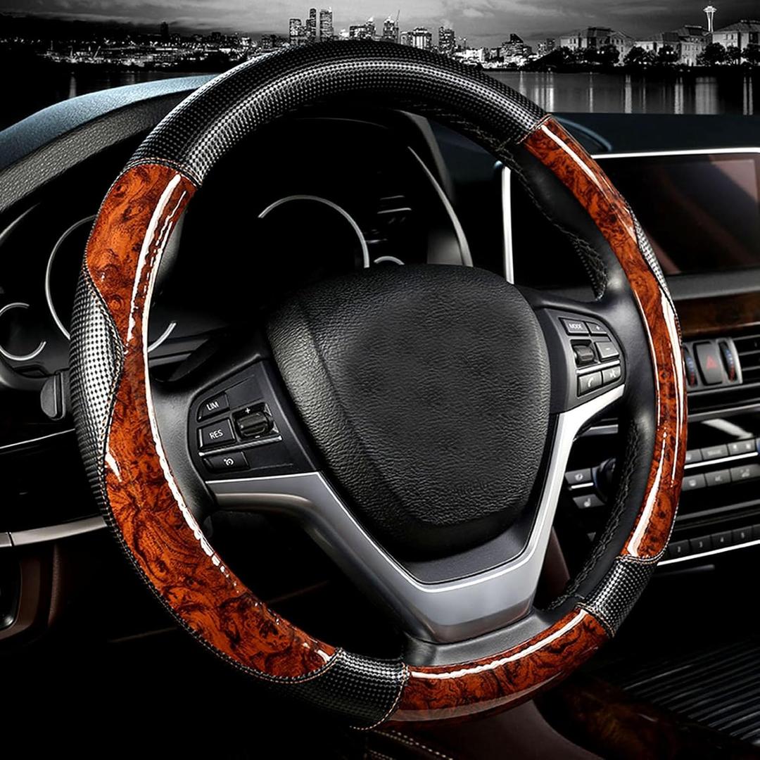 D-CC Four Seasons Wood Grain Steering Wheel Cover 15 Inch Universal Classic Style Anti-Slip Durable Car Wheel Protector Interior Accessories (Coffee)