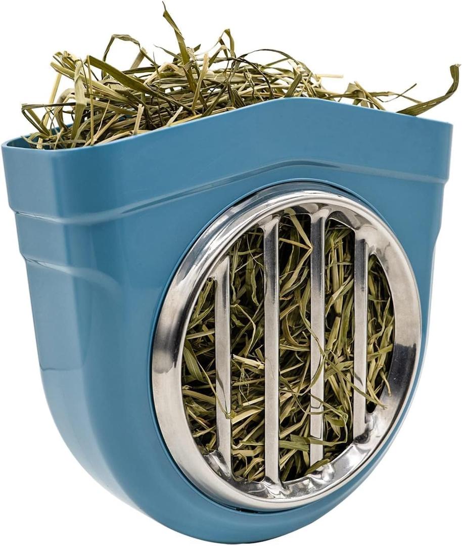 Small Animal Hay Feeder, Chew-Proof ABS Body, 304 Stainless Steel Grid Timothy Alfalfa Rack for Rabbit Bunny Guinea Pig Chinchilla Cage Hutch Crate (68oz, Blue)