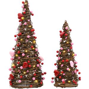 CRCZK Valentines Day Rattan Table Tree Decor with Lights Valentines Day Decorations 2Pack Lighted Tree with Red Heart&Berries Pink Table Centerpieces Valentine's Day Decorations Indoor Party Gifts