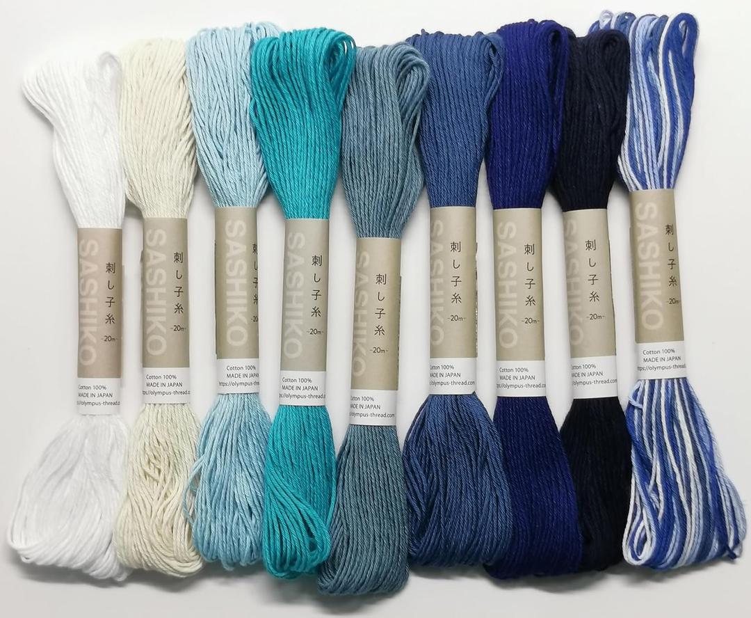 Olympus Sashiko Thread 20m(21.8yds) Bundles 100% Cotton (White and Blue 9Colors), OS-20M