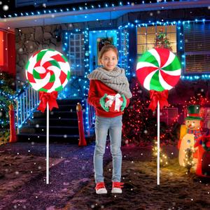 2 Pcs 4ft/48in Large Christmas Lollipops Pathway Lights - 6 Modes Peppermint Candy Outdoor Decor - Jumbo Giant Candyland for Outside Landscape Walkway Patio Garden (Red Green White)