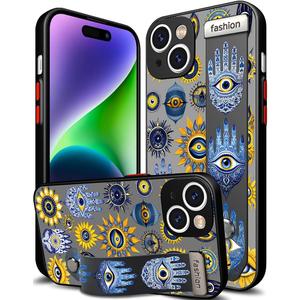 Compatible for iPhone 14 Case Cute with Strap Stand Finger Kickstand, Designer Cool Silicone Cases Funda Cover - Blue Evil Eyes