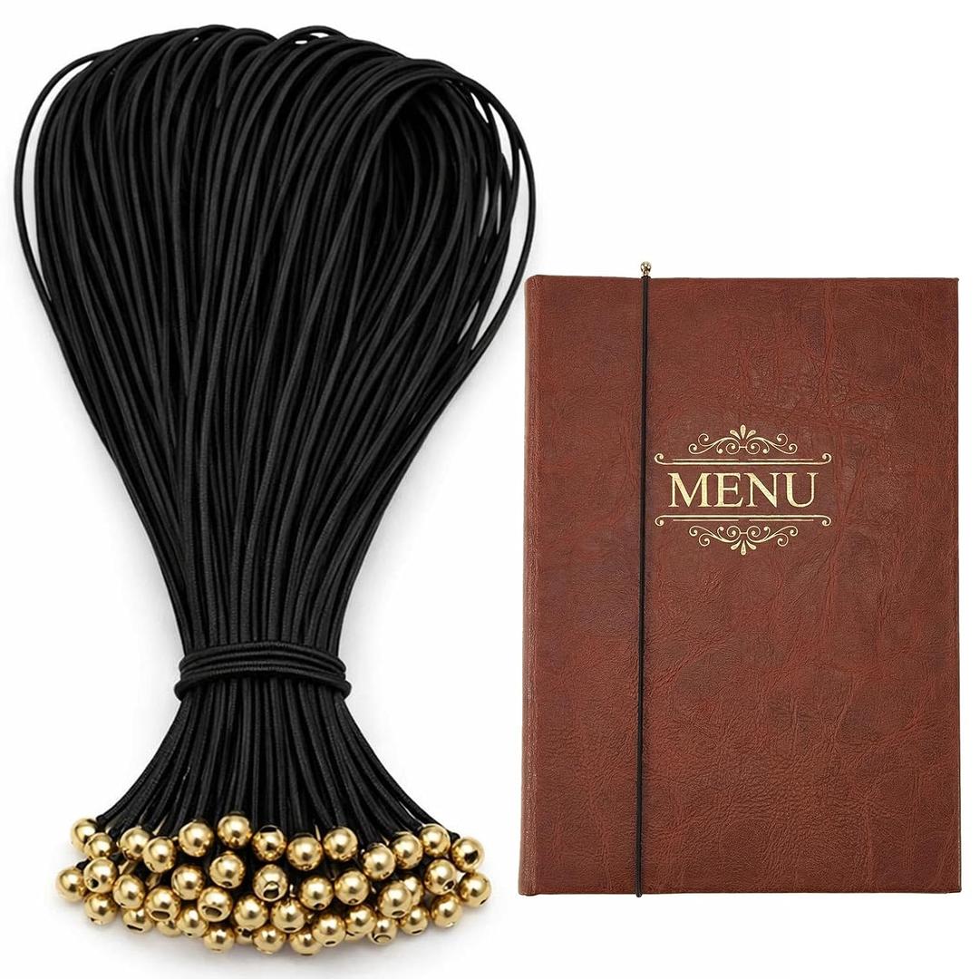 100 Pcs Elastic Menu Band Cords for Restaurant Cafe Menu and Vine List Cover with Gold Metal Buckles 8 1/4 Inch Black
