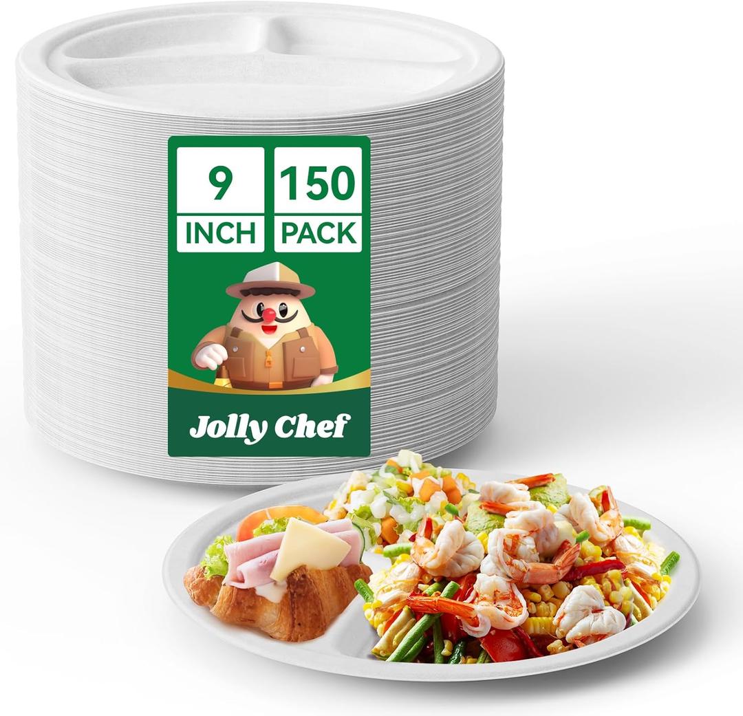 JOLLY CHEF Compostable  Compartment Paper Plates   [ ] Heavy Duty Divided Disposable Eco-Friendly Bagasse Biodegradable White Round Trays for Party Dinner Lunch Christmas (9in-150pack)