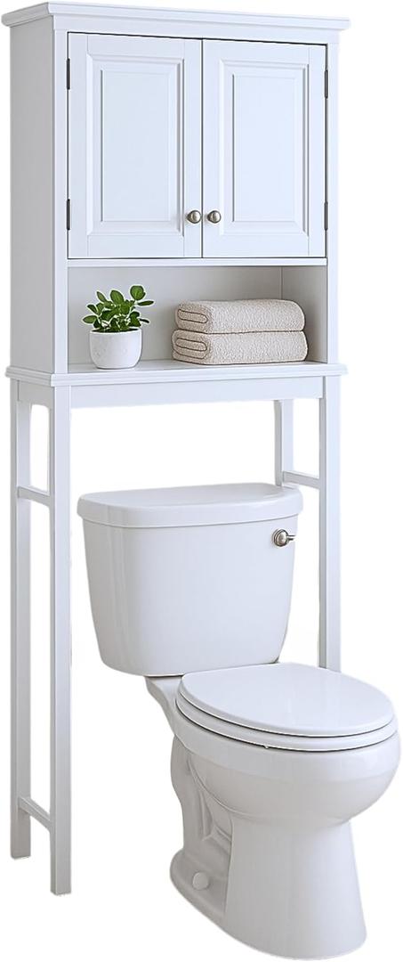 Alaterre Furniture Dorset Over-The-Toilet Storage Cabinet Set  Bathroom Organizer with Adjustable Shelf, Open Display Shelf, Zinc Hinges, and Nylon Floor Levelers (White)