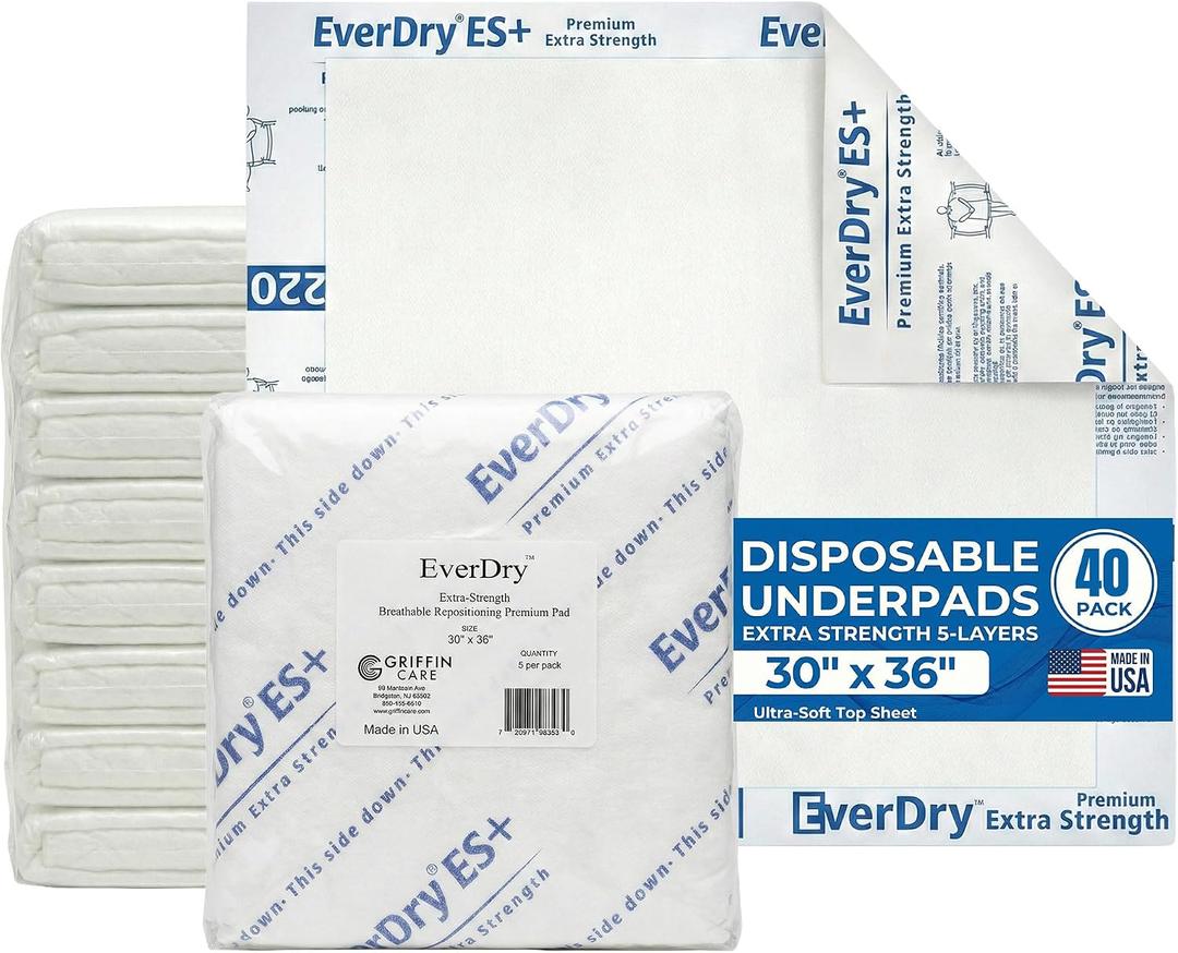 EverDry Repositioning Pads, 30" x 36", Super Absorbent Disposable Underpads, Extra Strength 5-Layer Design, Breathable & Odor Control, Incontinence Bed Pads for Adults & Elderly, 5 Count