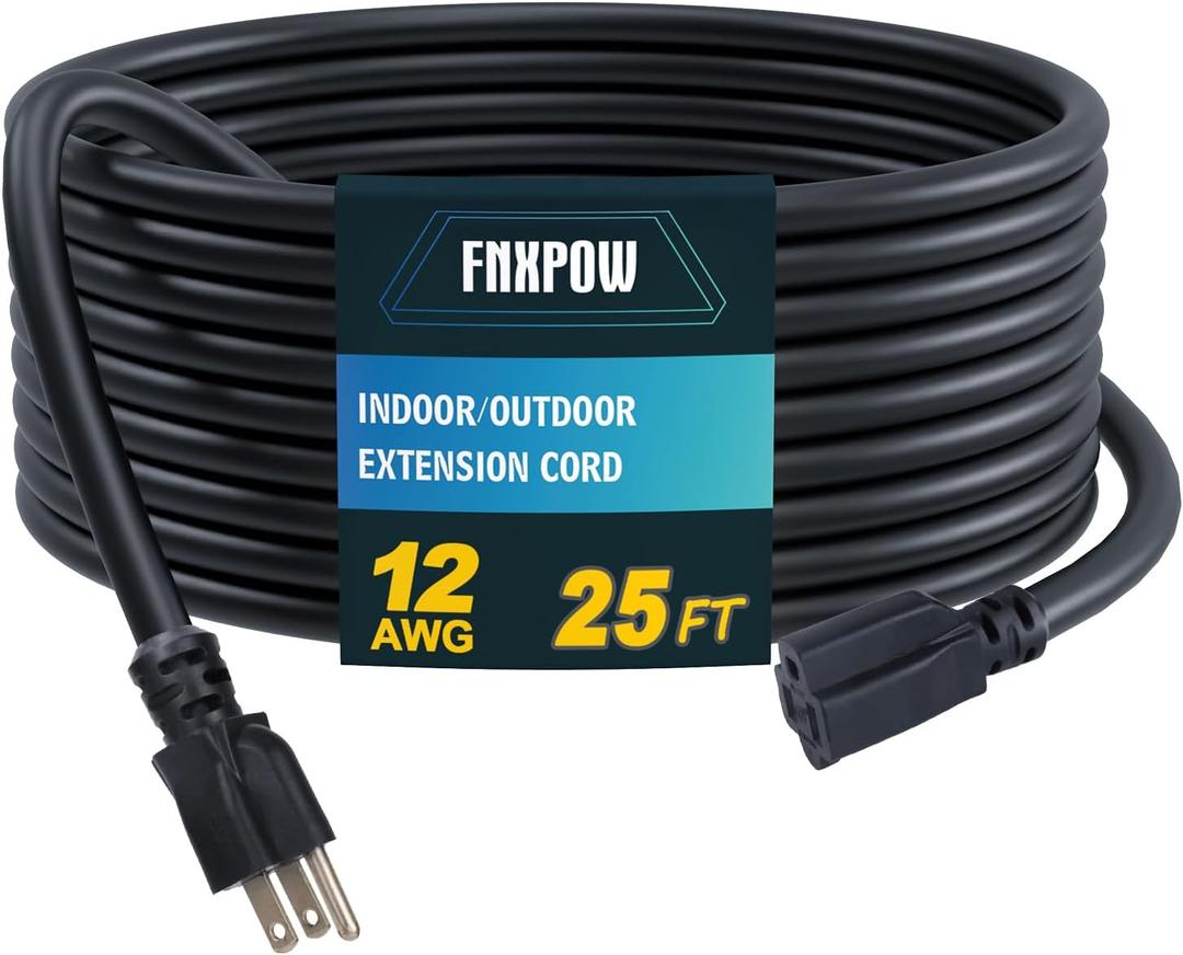 Indoor Outdoor Extension Cord, 12 Gauge 3 Prong Weatherproof Heavy Duty Black Extension Cords, 12/3 SJTW 15A 25 FT Extension Cable for Garage, Garden and Home, UL Listed