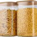 D2scrma 156oz Airtight Glass Square Storage Canister with Bamboo Lid Set of 2(4600ml*2) Large Gallon Glass Jars for Sugar, Flour, Cookies and Coffee beans (with Black Lable)