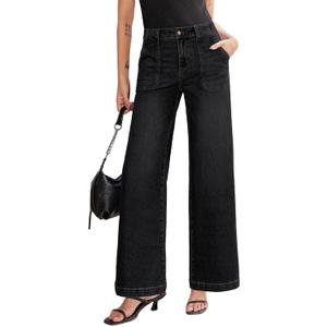 Sidefeel Womens Wide Leg Jeans High Waisted Stretchy Straight Leg Baggy Denim Pants with Pockets (4, Black)