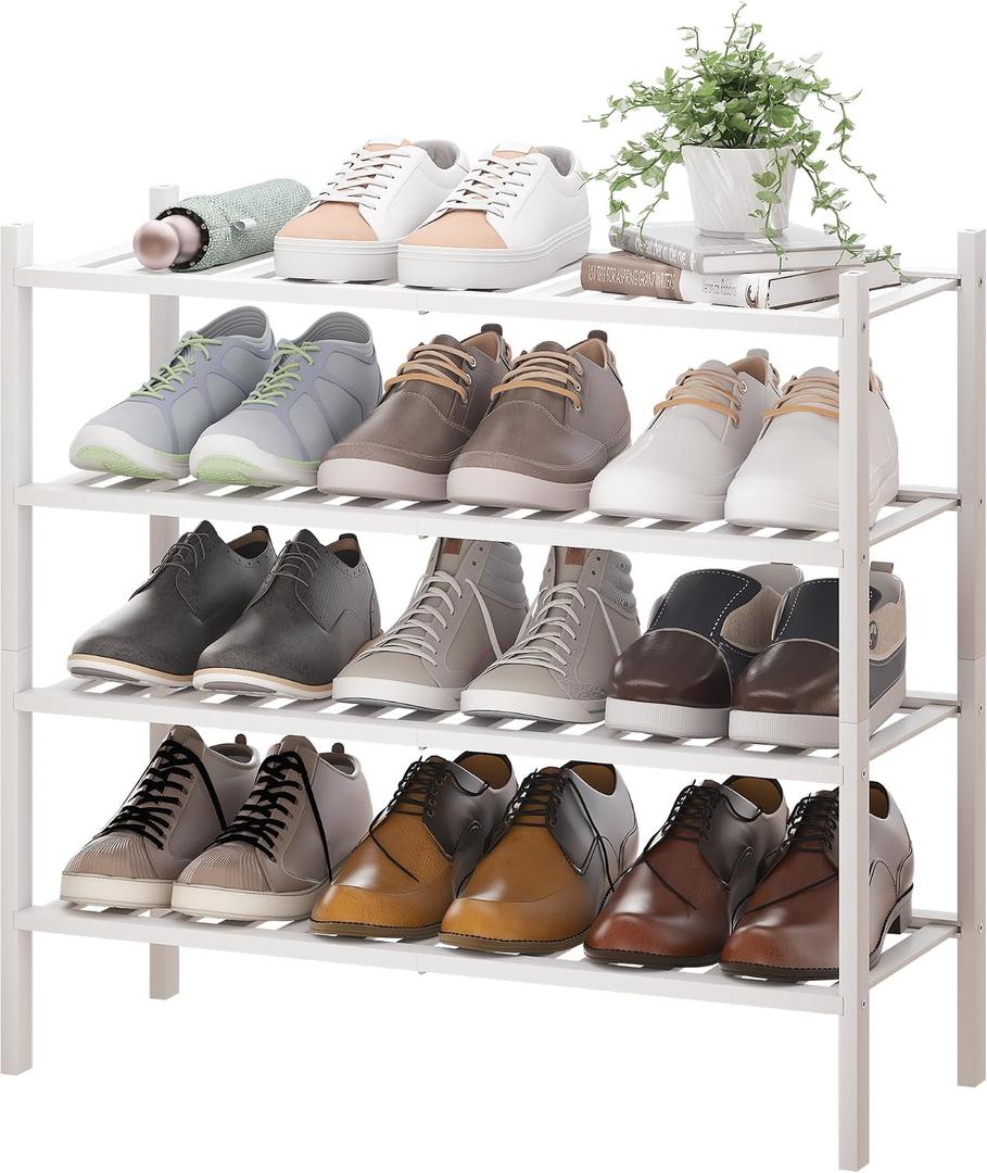 BMOSU 4-Tier Bamboo Shoe Rack Premium Stackable Shoe Shelf Storage Organizer for Hallway Closet Living Room Entryway Organizer(White Bamboo), 4-Tier（27*11*25.2inches）