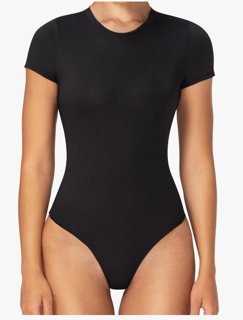 Sunzel Bodysuits for Women with Tummy Control- Crew Neck Short Sleeve Thong Body Suits Sexy Compression T shirts Tops Medium
