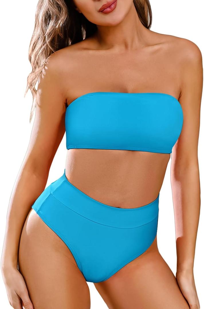 Pink Queen Women's Removable Strap Wrap Pad Cheeky High Waist Bikini Set Swimsuit (Large, 01 - Blue)