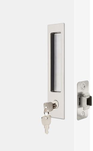 Dontay Pocket Door Handle, Modern Rectangular Keyed Entry Function, (Bed/Bath) Pull Latch, Recessed Sliding Door Hardware for 1 3/8” to 2 3/16” Thickness (Keyed Entry Lock, Brushed Nickel, 1 Pack)