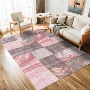 57 Washable Modern Area Rugs,Checkered Abstract Neutral Non-Slip High Traffic Large Carpet for Office,Living Room,Bedroom,Dining Room and Farmhouse,Girls Room,Pink Brown Grey