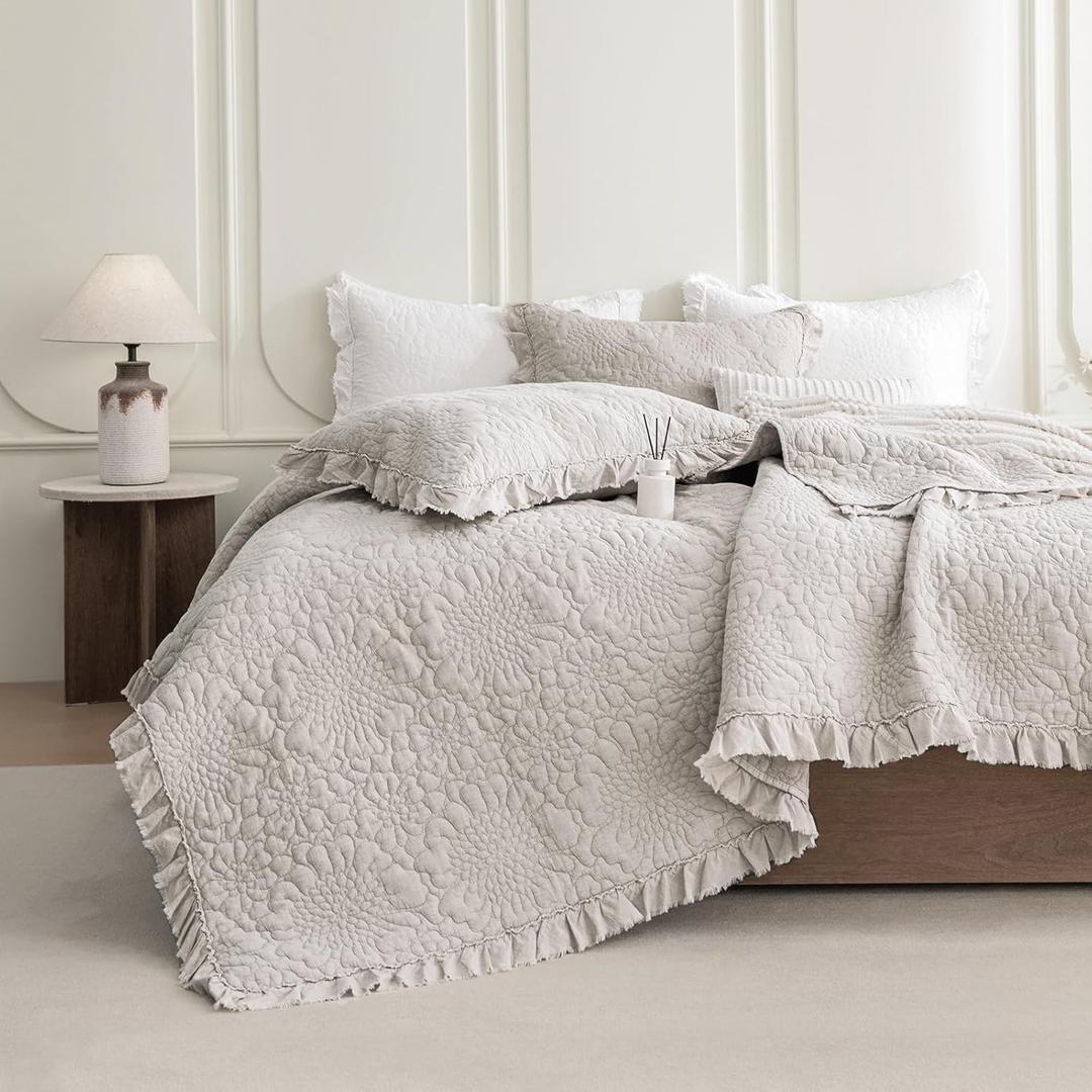 QSH Light Wheat Oversized King Quilt Bedspread Set(120"x120"),3PCs Stonewashed Cotton Ruffled Quilt California King,Ultra Soft Lightweight Crinkled Shabby Farmhouse Chic Bedspread Coverlet Bedding Set