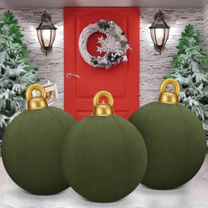 Jetec 3 Pcs 32 Inch Giant Velvet Christmas Inflatable Balls Ornament Flocked Xmas PVC Inflatable Flocked Ball Ornaments for Christmas Holiday Outdoor Blow up Yard Decor(Green)
