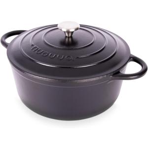 Nuovva Enamelled Cast Iron Dutch Oven Pot with Lid  6.4 Quart Non Stick Casserole Pot  Heavy Duty & Oven Safe up to 500 F for Bread Baking, Braising, Stews, Roasting  28cm Black (6.4-Quart - Deep)