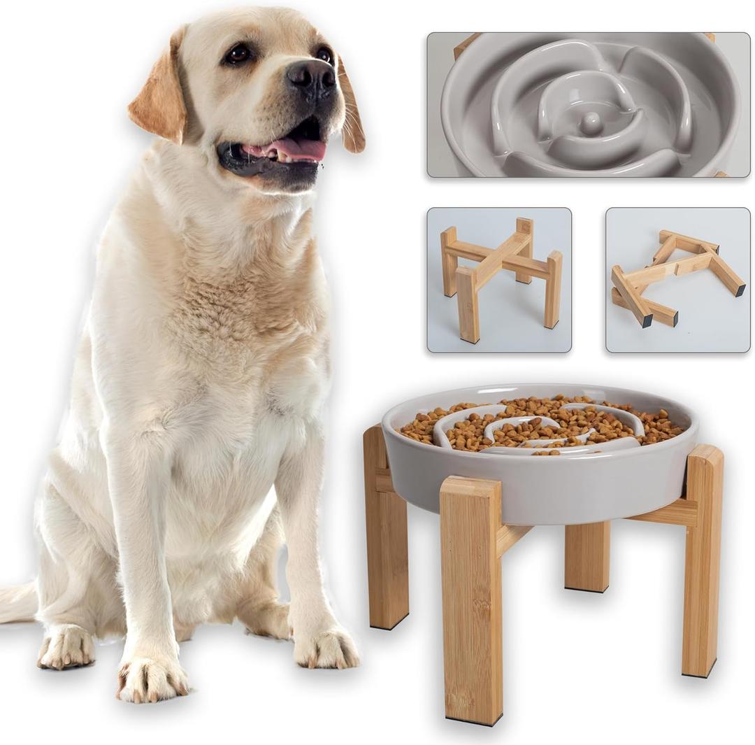 Elevated Slow Feeder Dog Bowl - Puzzle Maze Dish with Bamboo Stand - Raised Ceramic Food Bowl for Medium and Large Dogs - Grey - 8.8 inch (2.5 CUP)