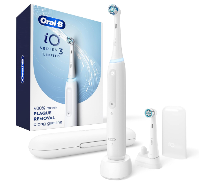 Oral-B iO Deep Clean Rechargeable Electric Toothbrush, White, iO Series 3 Limited, 2 Brush Heads, Travel Case, Pressure Sensor, 3 Cleaning Settings, 2-Minute Timer