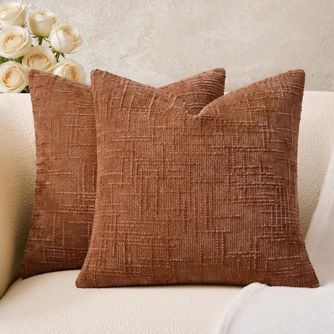 Throw Pillow Covers Burnt Orange Set of 2 18x18 Inch Pillow Covers, Soft Chenille Fall Decorative Cases for Couch Sofa Bed Living Room, Home Neutral Decor, Modern Farmhouse Cushion Covers