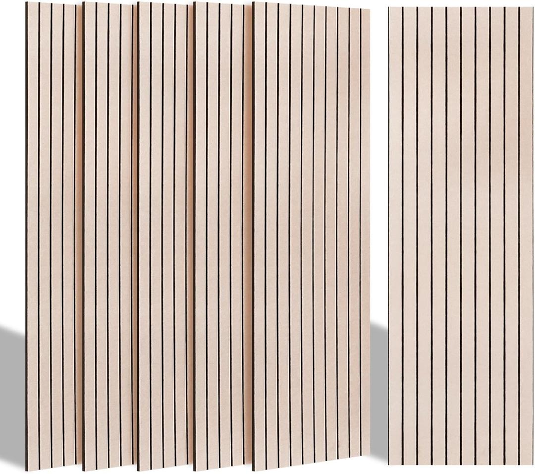 BUBOS 10 Pack Large Acoustic Panels, 48"X 12"X 0.4" Sound Proof Panels for Walls,Decorative Self-Adhesive Acoustical Wall Panels,3D Slat Sound Panels for Home Office Studio (Camel 01)